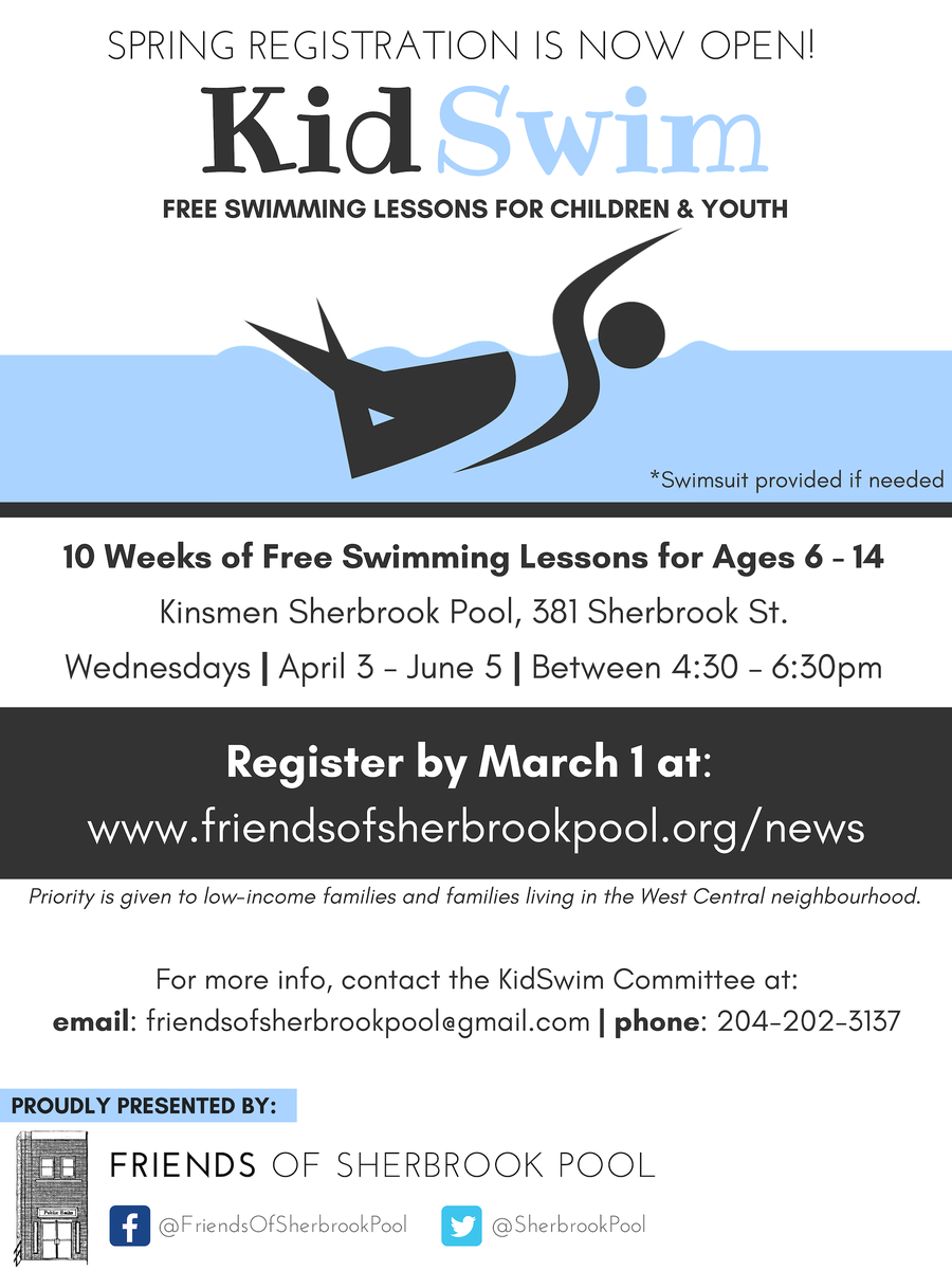 SherbrookPool's tweet image. Registration is NOW OPEN for the Spring 2019 session of #KidSwim!
Please see poster and website for details: friendsofsherbrookpool.org/kidswim-regist…