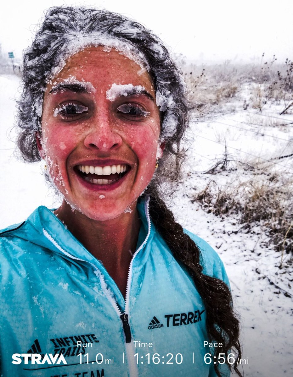 Strava's tweet image. "My eyelashes (well, whole face) froze over and I couldn't see where I was going [...] But I figured if Jon Snow (a la Game of Thrones) can thrive in these conditions so can I!" - @Levene_Machine isn't afraid of a bit of cold weather! 👏 ❄️ 💪   
strava.app.link/co01VJ968T