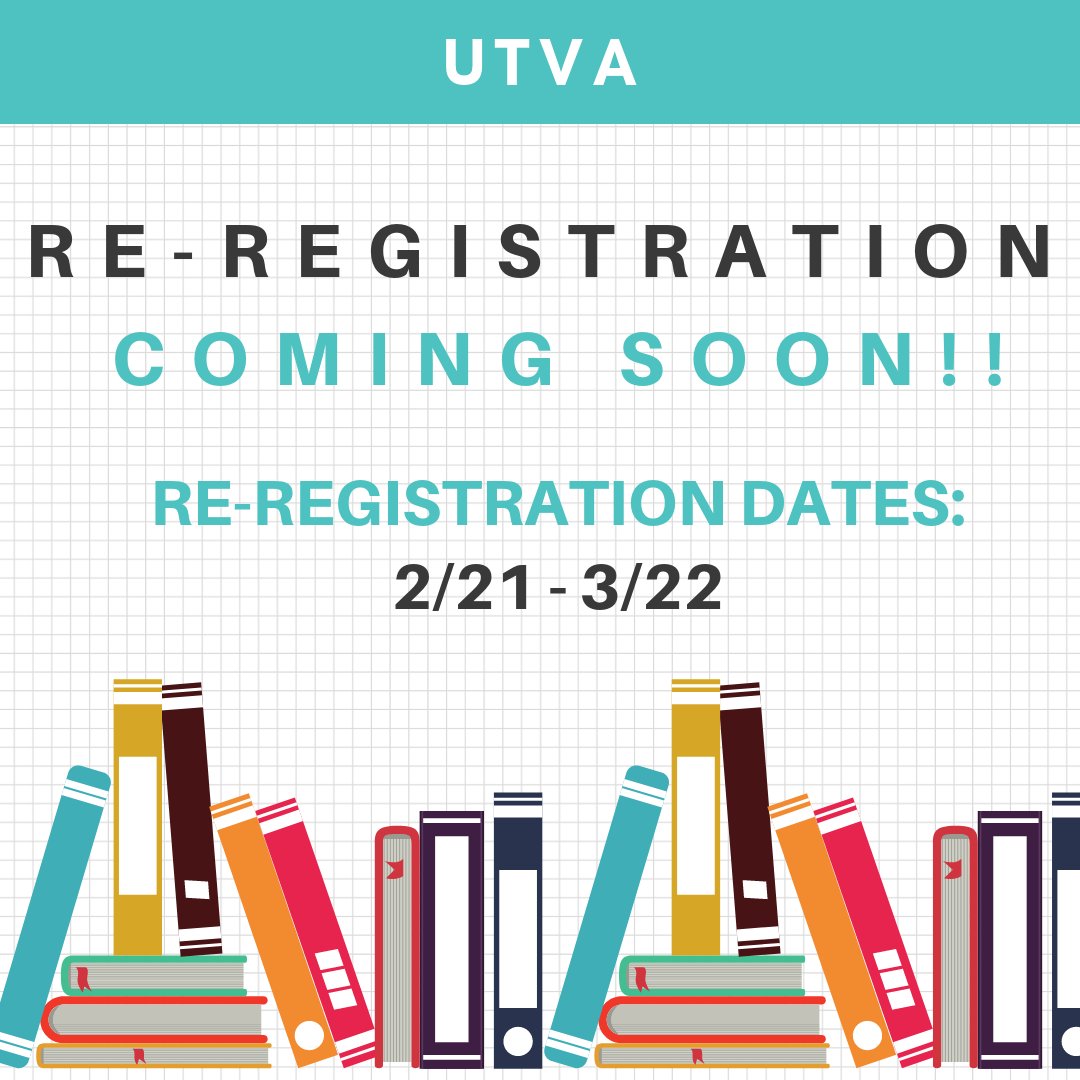 UTVAAdmin's tweet photo. Hey UTVA Families!  It's almost time for RE-REGISTRATION!  Here is heads up on Re-Reg dates. More will be forthcoming!  We want to see you next year! https://t.co/XZhQMIKojV