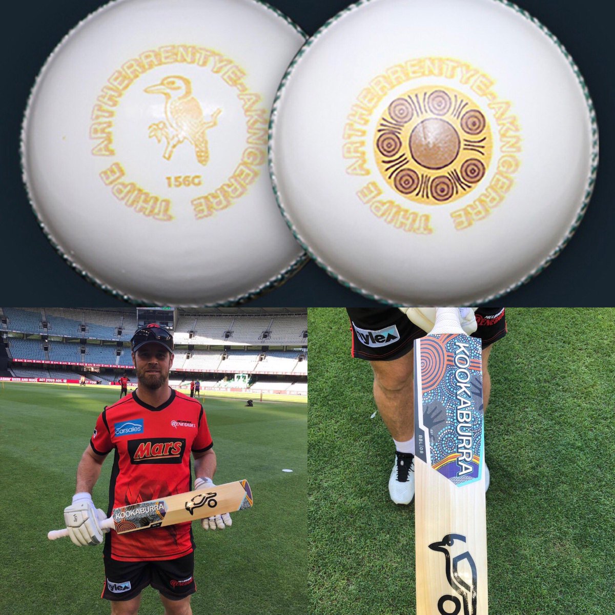 Today @7Cricket features the longest cricket dating back to 1868 involving Aboriginal cricketers. Then @StrikersBBL v @ScorchersBBL for the @dizzy259 Trophy in amazing jerseys + @KookaburraCkt produced an Indigenous ball with Alex Carey making use of @danchristian54 bat 🔴💛⚫️🏏