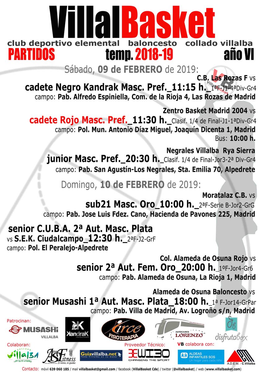 villalbasket's tweet photo. Vamos con los partidos del fin de semana: 09 y 10 de Enero de 2019: Mención especial para nuestro equipo CADETE ROJO VB, que se ha clasificado para jugar por los 1/4 de Final de su categoría. Enhorabuena a jugadores y entrenadores, y a disfrutar! #seguimos #equipoy #aporello #VB https://t.co/YDTmD5Jq2R
