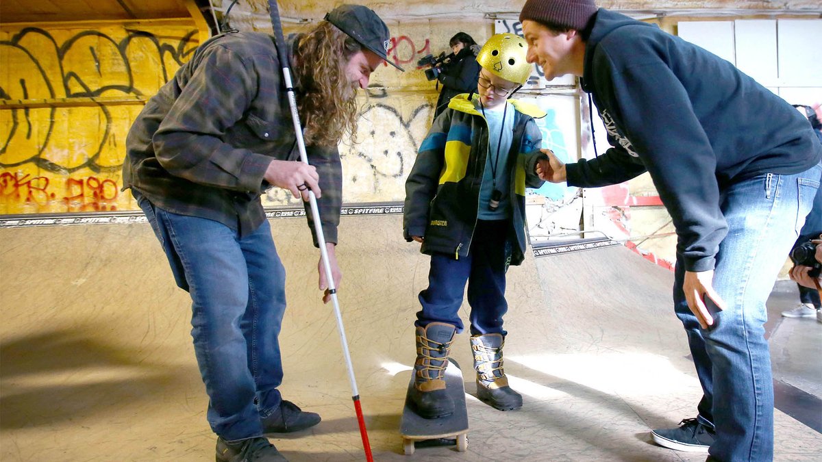 Visually impaired students get skateboarding lesson from Dan Mancina.  youtu.be/w9pb0rTY91A #yyc #CalgarySkate
