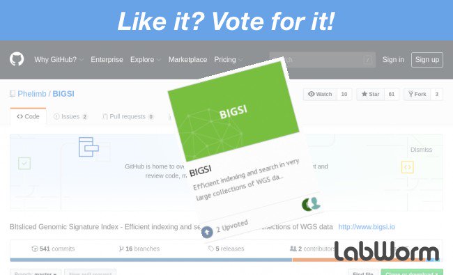 Featured now: BIGSI (BItsliced Genomic Signature Index), efficient indexing and search in very large collections of WGS data. Vote it up at Labworm.com! Top 5 voted announced next week.