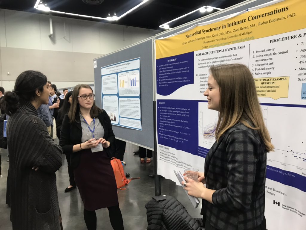 EdelsteinLab's tweet image. Edelstein lab undergrads Madde and Ali rocking their poster on nonverbal synchrony in couples at #SPSP2019! @chinkristi @ZA_Reese