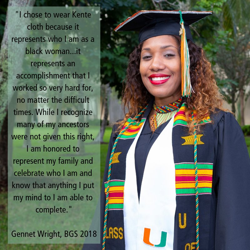 ContinueUM's tweet photo. The Senior Mwambo came to UM in '92 and recognizes the importance unity on campus and African culture in black communities. Each student, like these BGS grads, receives a #Kente stole to demonstrate pride and a new chapter. #BlackHistoryMonth #BlackAwarenessMonth #ContinuingCanes https://t.co/yLUfhGji7w