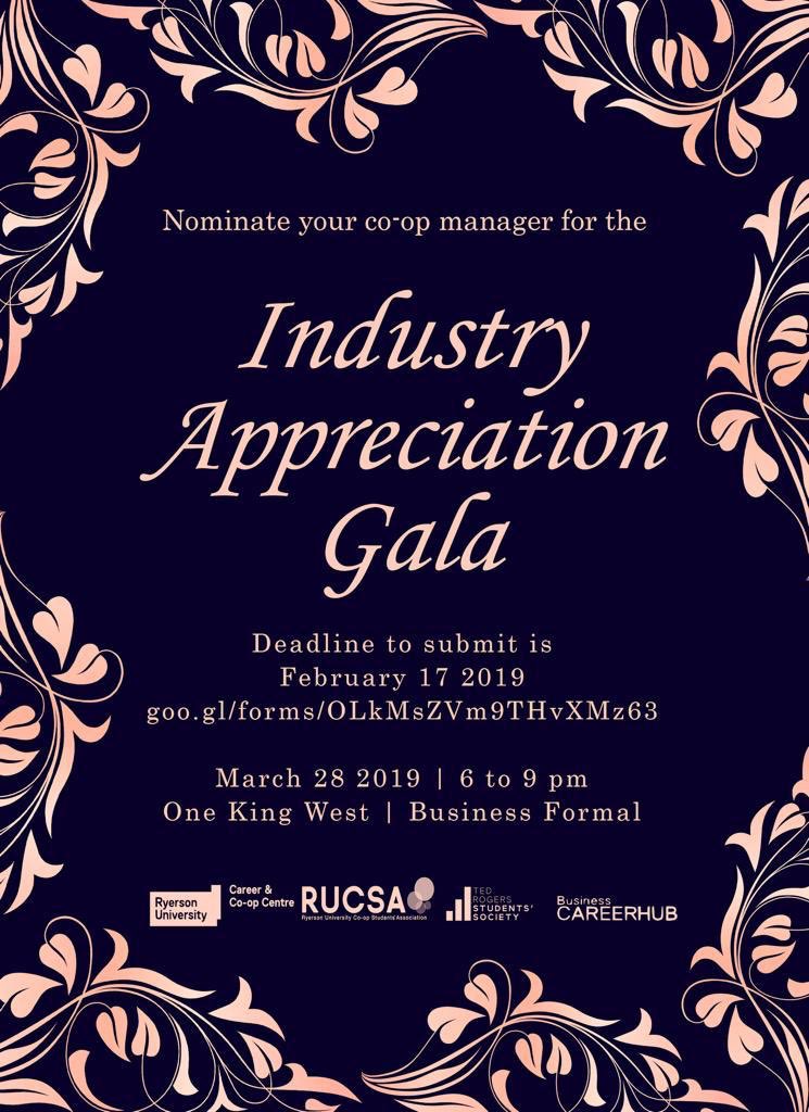 RUCSA is proud to announce the opportunity to nominate your co-op supervisor, manager or mentor for the 6th Annual Industry Appreciation Gala, including a 3-course meal, raffle prizes and entertainment! 

It is mandatory that students attend the event if they purchase a ticket.
