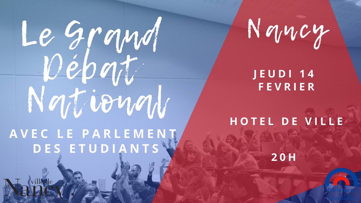 ParlementEtudia's tweet photo. ⭕️Le Grand Débat National avec le Parlement des Etudiants ⭕️

Les jeunes doivent pouvoir s’exprimer ! 💬

Le @ParlementEtudia lance son cycle de débats partout en France et c'est la section de Nancy qui organise le premier ! 

🔸Formulaire d'inscription 🔸
https://t.co/Udd18rmlB0 https://t.co/RPYNBZuXdv