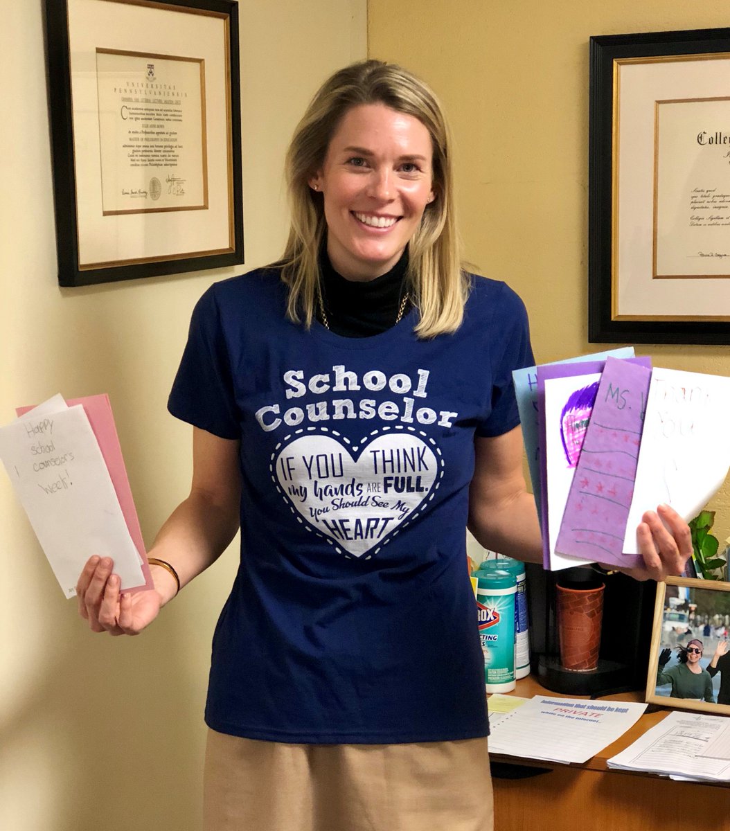 BownMs's tweet photo. The sweetest surprise to round out #NationalSchoolCounselingWeek 2019!  How great is this t-shirt?! "If you think my hands are full you should see my heart" definitely reigns true with this job. Thank you @CounselorTS and my 6th grade students! @WoodlyndeSchool https://t.co/fhCMnNqNDF
