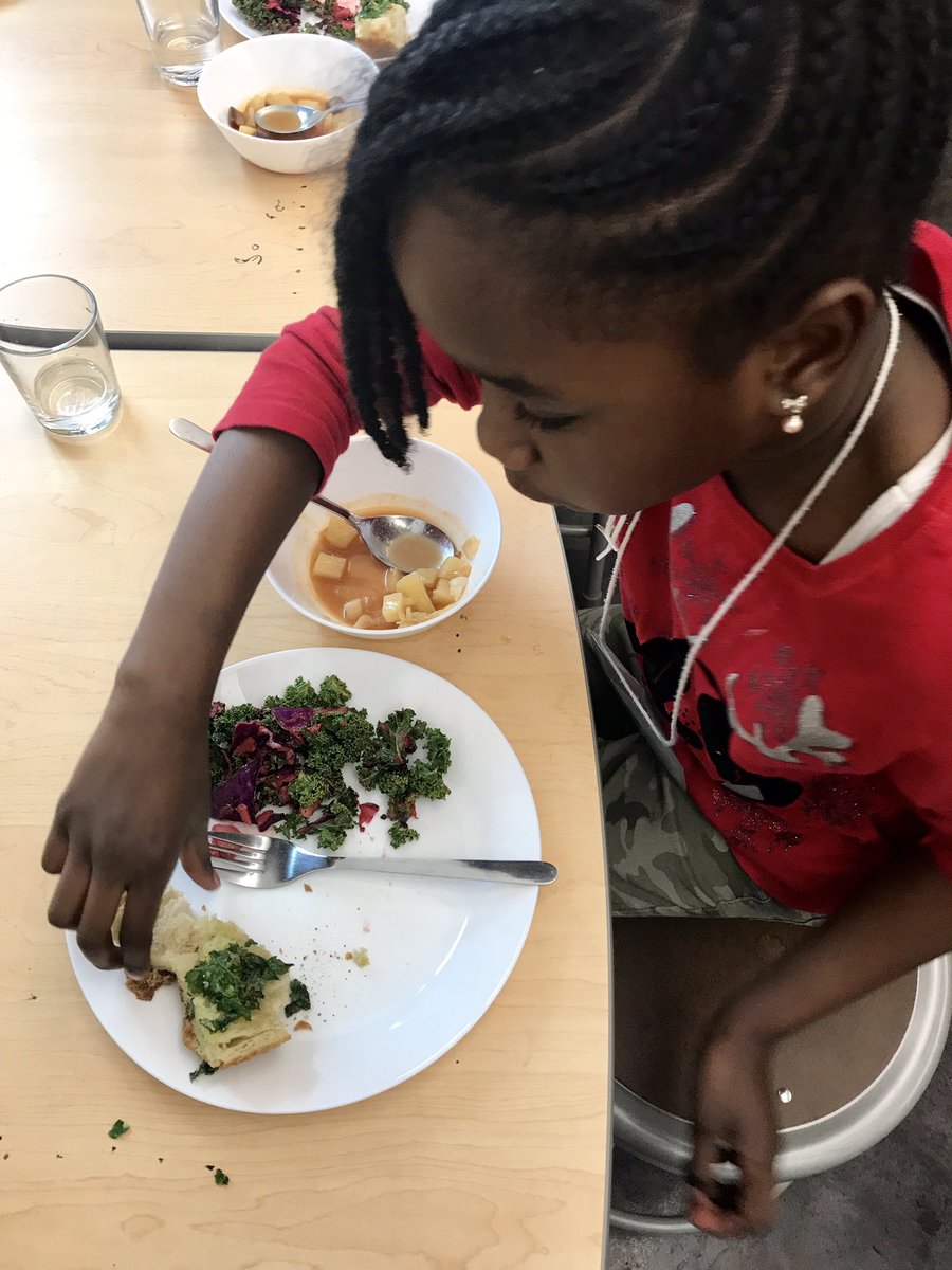 FoodPrintsCHCS's tweet photo. 2nd graders joyfully asked for seconds of the beautiful food they prepared today! Rainbow Kale Salad, Winter Veg Miso Soup &amp; Garlic Herb Bread https://t.co/xfqFR40seX. FYI the soup had rutabaga and cabbage and kids still loved it!!!  @CHCSPTA @FoodPrintsDC https://t.co/9b5u7Lc4Ds