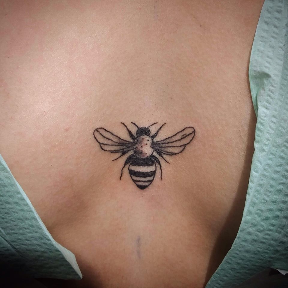 Lisa Orth on Instagram Bee and Calendula chest piece for Anna thanks for  traveling to get tattooed Artw  Chest piece tattoos Tattoos Chest  tattoos for women