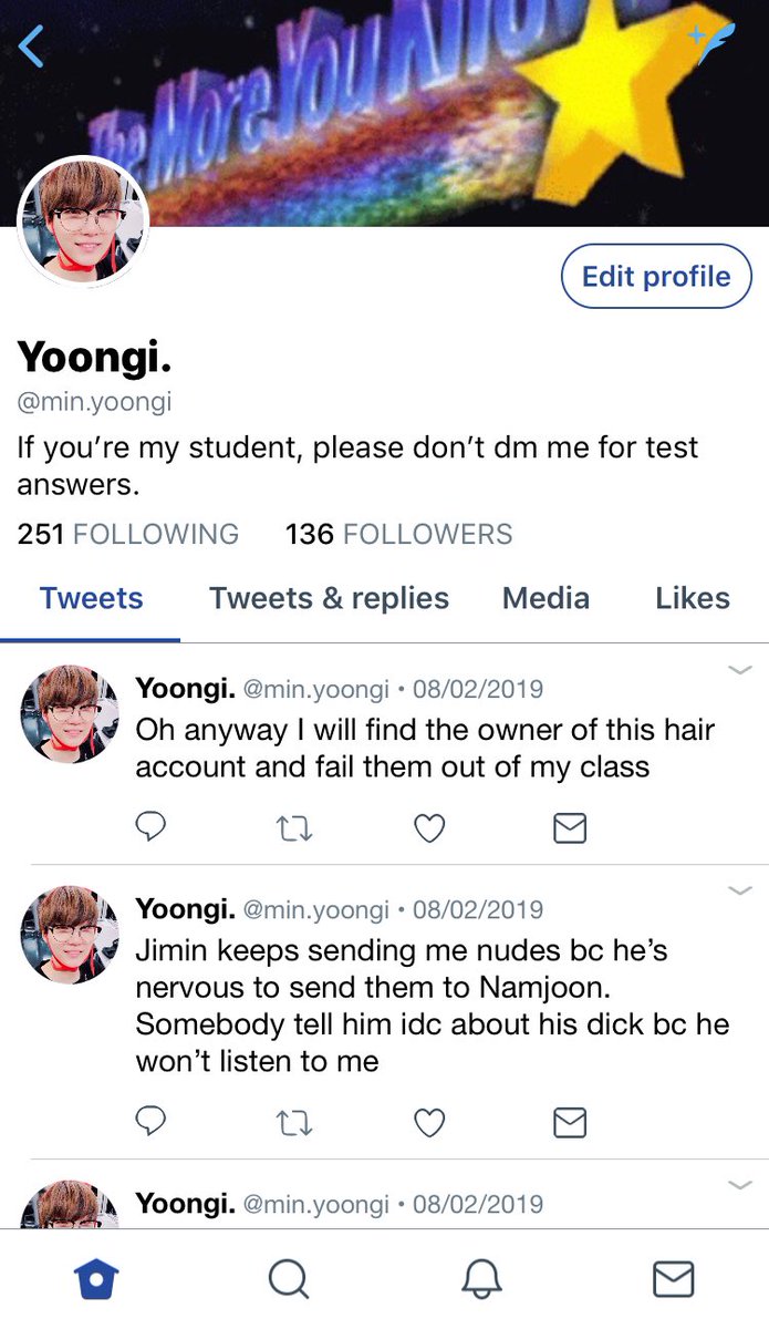 Yoongi and Jungkooks twitter accounts: Yoongi is a music professor, jk attends his class and is too afraid to look him in the eye hence he’s failing
