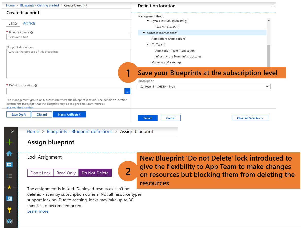 satya_vel's tweet photo. Feb 2019 #AzureBlueprints Updates
🚀Save the BP Definition at the subscription level which enables anyone without Management Groups to use Blueprints
🚀New ‘Do not delete’ lock gives the flexibility for teams to change resources but protects it from being accidentally deleted https://t.co/2b7LeLItEi