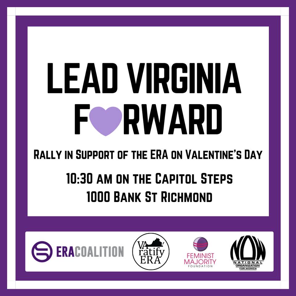 VoteEqualityUS's tweet photo. #VAratifyERA campaign will host a “Lead Virginia Forward, One State to 38” rally next Thurs, 2/14 on the steps of the Virginia State Capitol (1000 Bank Street, Richmond) at 10:30 AM. 
This Valentine’s Day, let’s join together and declare, “Virginia is for equality lovers!” https://t.co/ZrIAzBLju5