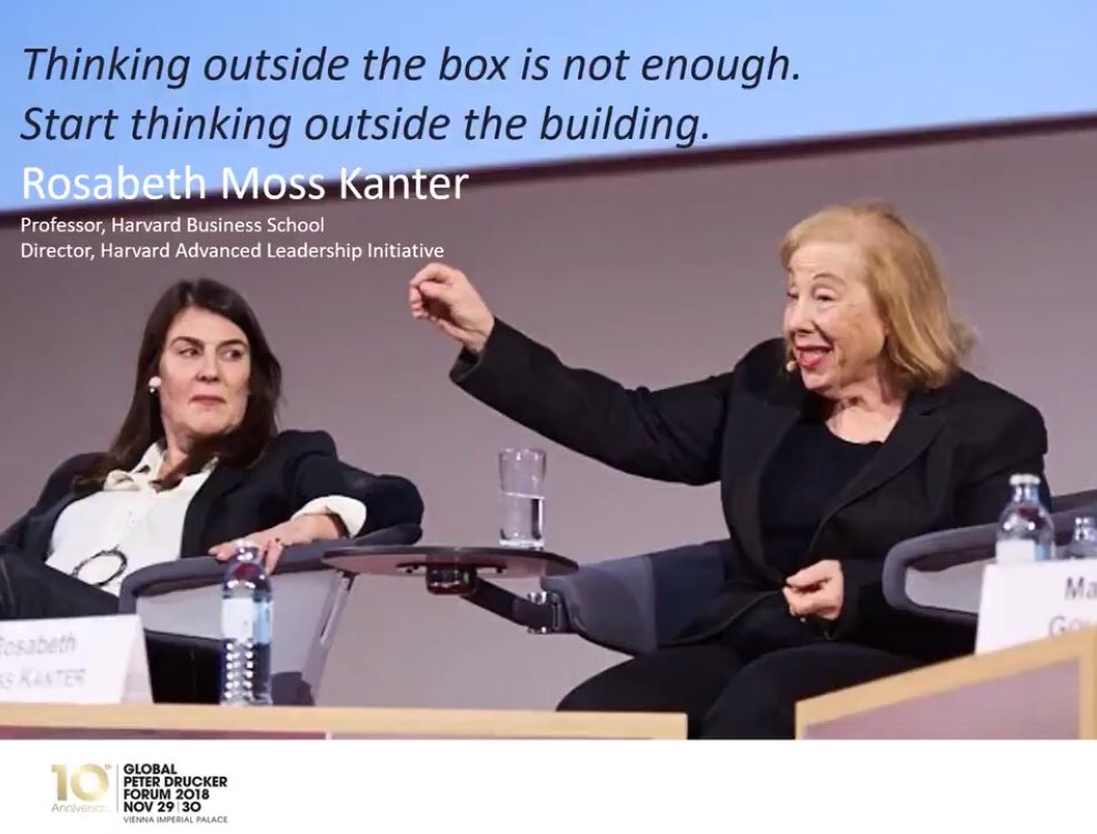 Thinking outside the box is not enough.
Start thinking outside the building.
@RosabethKanter 

More #GPDF18 quotes:
x.com/gdruckerforum/…