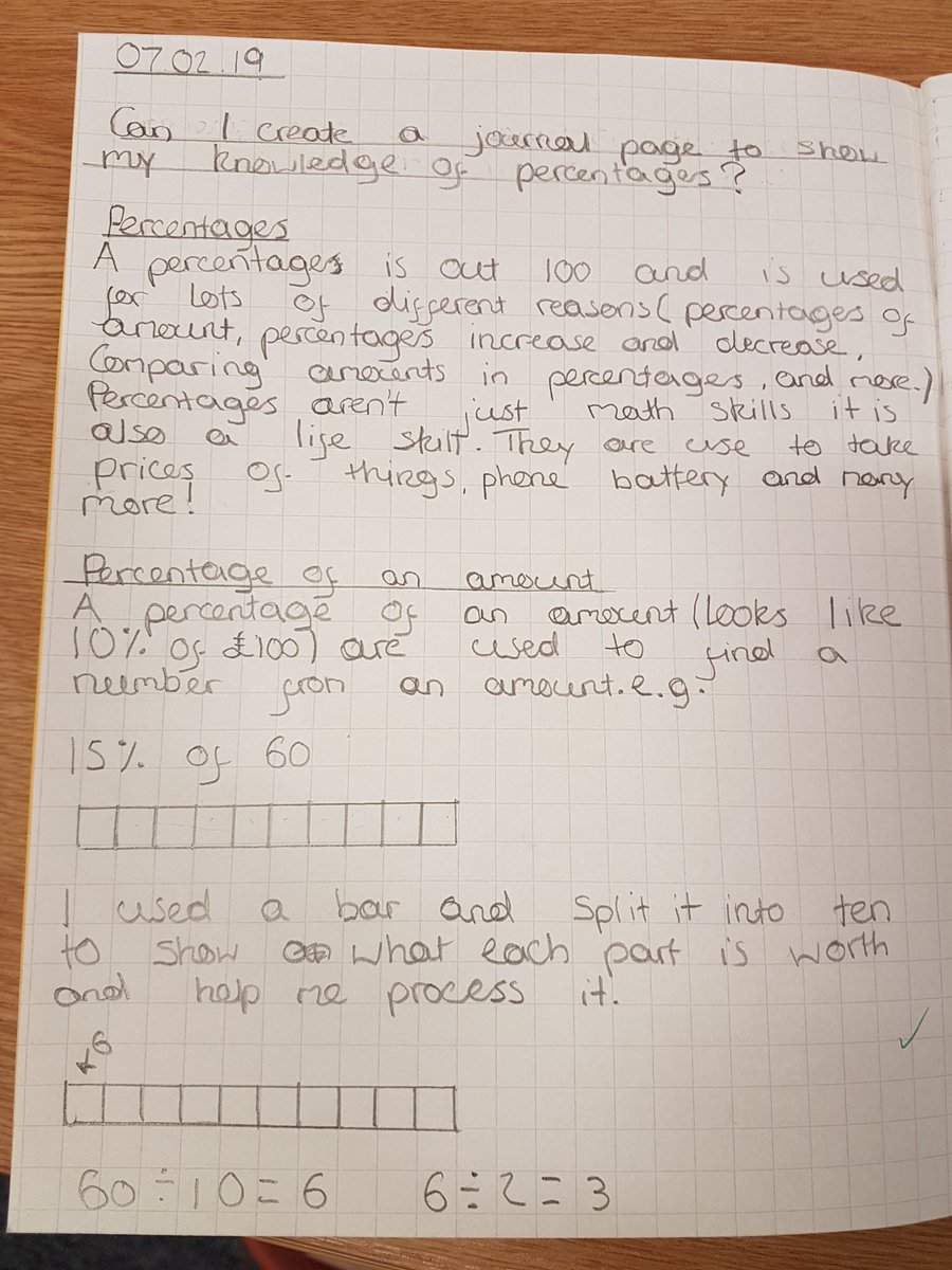 OffleyCW11's tweet photo. Tom"s maths journal explaining his understanding of percentages. Well done ! @NCETM #mastery #deeplearning #metacognition #selfregulatedlearner https://t.co/Bkd55v592P