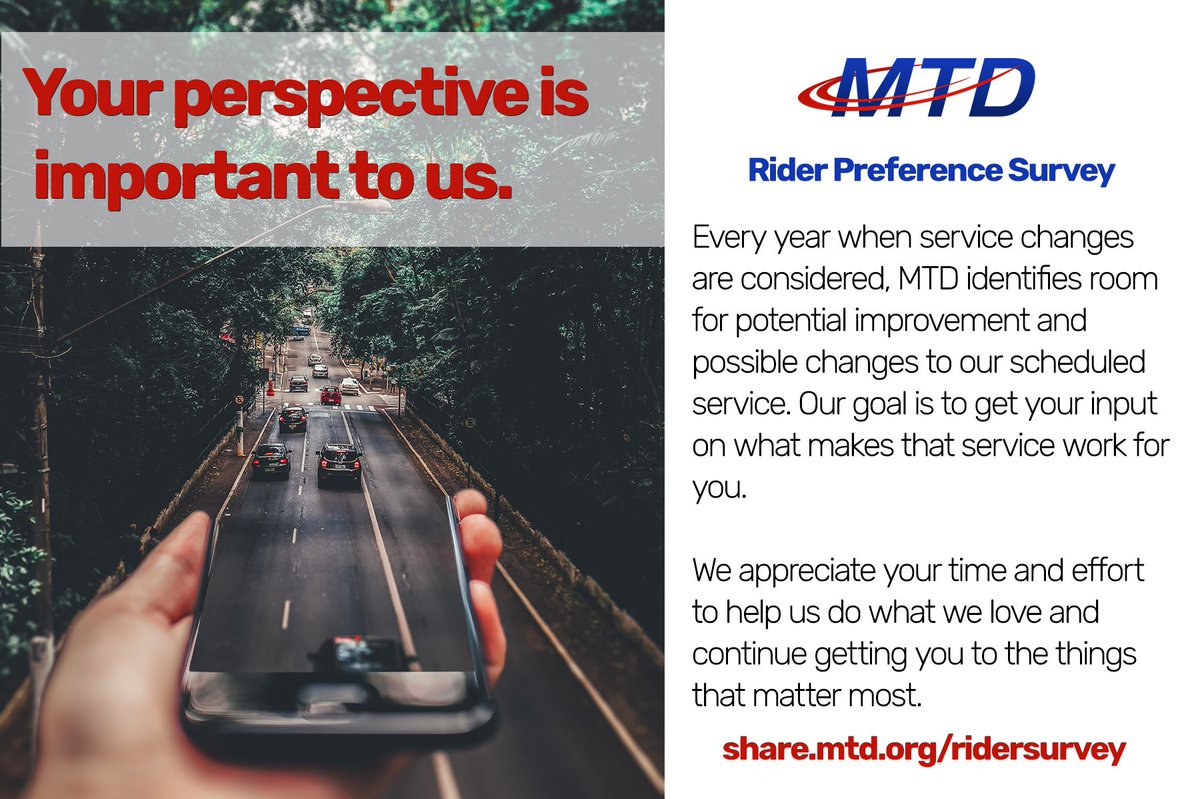 rideMTD's tweet image. Got a minute to help us improve our services? Tell us what you think in a quick survey (share.mtd.org/ridersurvey) so we can take your opinion into consideration for any possible changes to our services. At MTD we value your feedback and are always here to help. #RideMTD #Chambana