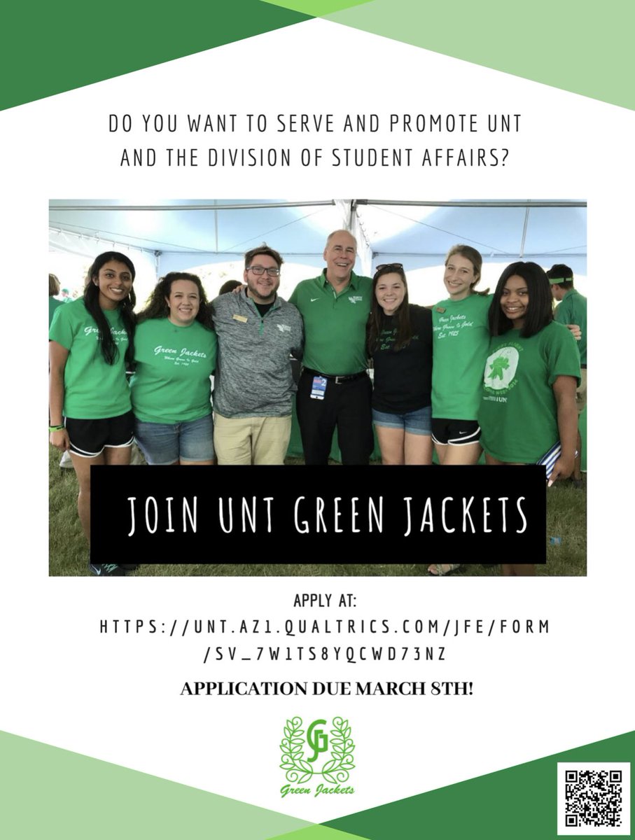 greenjacketsunt's tweet photo. What to be more involved on campus? Apply to be a UNT Green Jacket! Application due on March 8th! Apply with the link below!! 

https://t.co/CbDanSKxN9 https://t.co/elxuZGKh3C