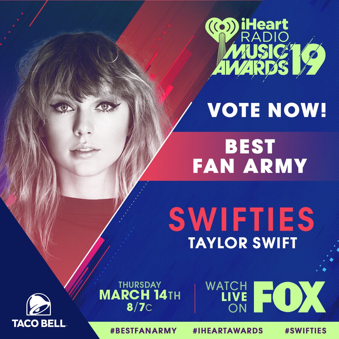 iHeartRadio's tweet photo. RT to vote for #Swifties for #BestFanArmy at the 2018 #iHeartAwards 

@tacobell | @taylorswift13 https://t.co/IqtL1ygwh3