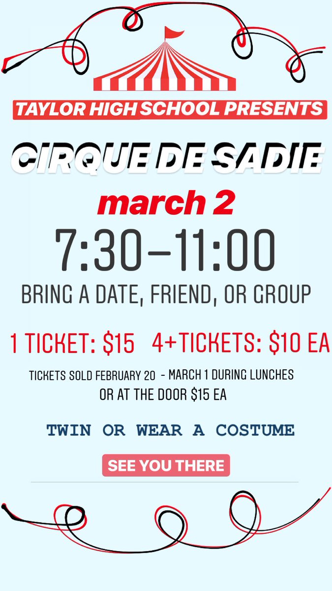 jeths2019's tweet photo. ๐ช๐ชATTENTION SENIORS!๐ช๐ช
SADIES IS BACK!!!! Be sure to buy your pre-sale tickets February 20- March 1 during lunches!!๐๐ช๐คนโโ๏ธ๐ก๐ #jeths19 #Taylorpride247 @THS_Mustangs https://t.co/ZGXuYhGWuj