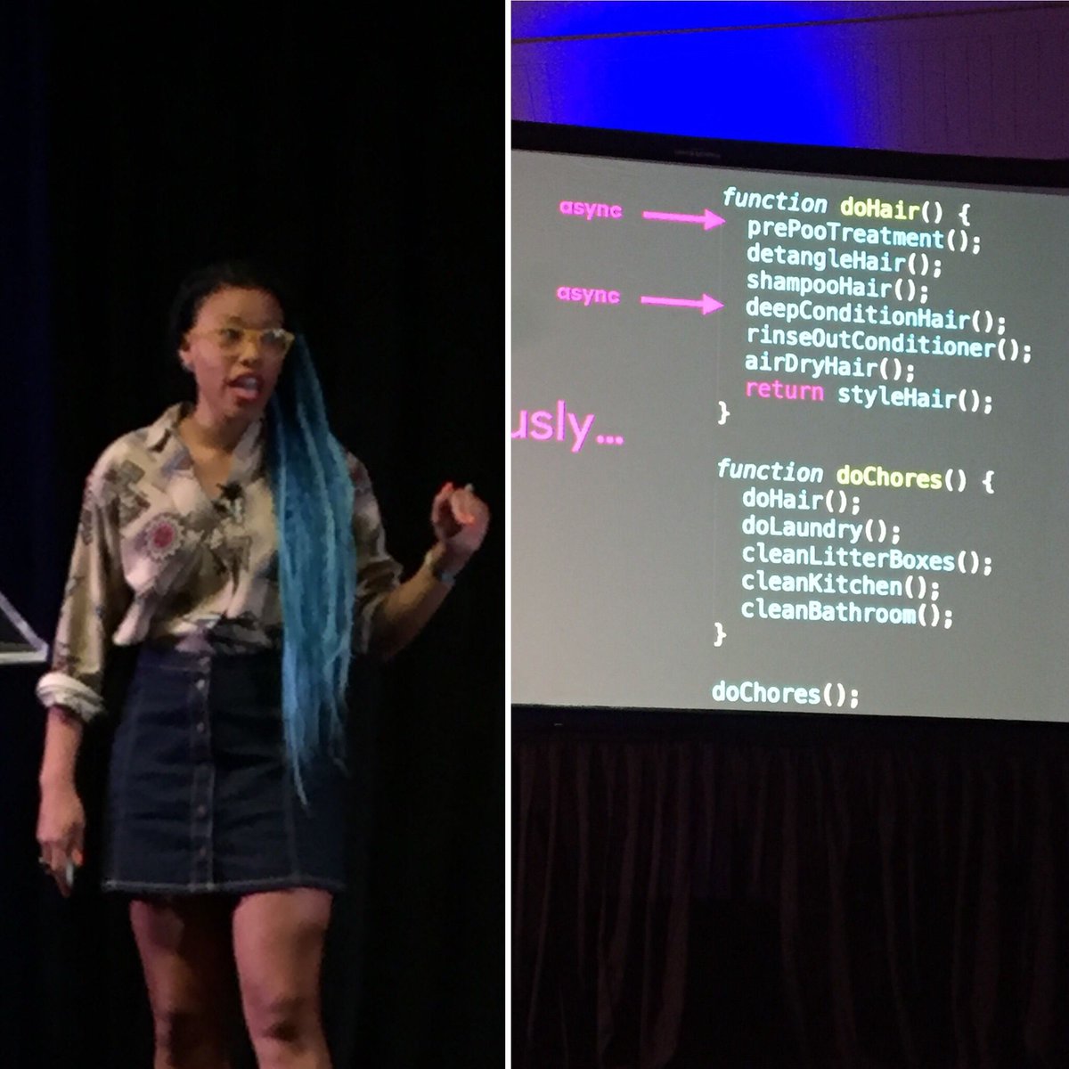 tretton37ab's tweet image. Well needed back-to-basic talk at #jsconfhi on the asynchronous nature of #javascript by @codermeow using here do-hair and do-chores (co)routines.

What an energy boost 😊