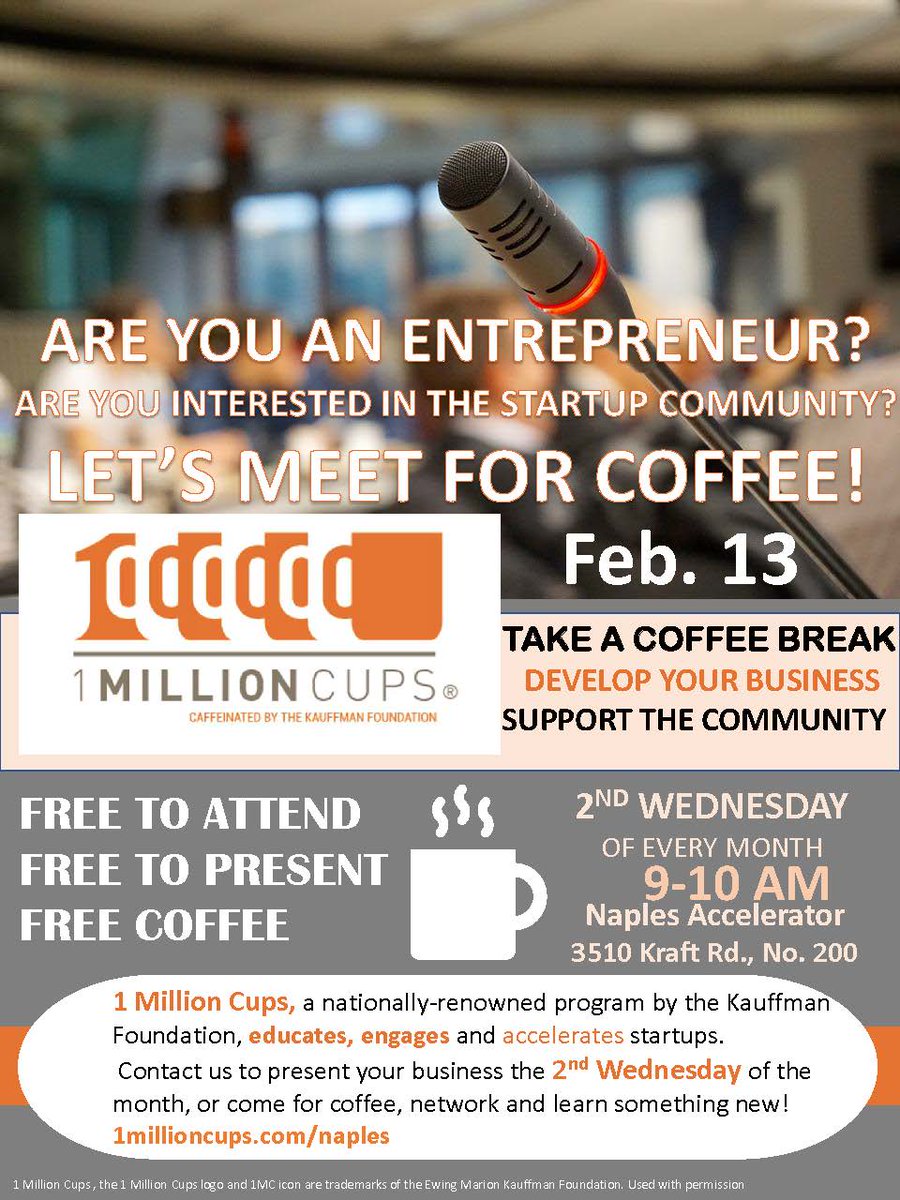 9-10 AM WEDS: #1MCNaples will feature #WomenEntrepreneurs! 
#LegalForms provider @mylegaledge, @Verimour, a #DatingApp, & its related #app, @HeroHarbor, will present. Even our #coffee provider, @KunjaniNaples, is a #WomanOwnedBiz! Our sponsor is DMA. 
naplesaccelerator.com/event/1-millio…