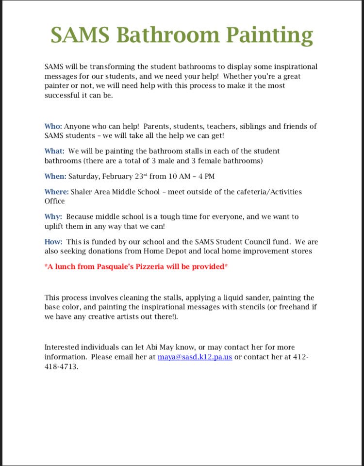 SAMSTitans's tweet photo. Calling all SAMS parents and supporters! We are taking on a project to transform our student bathrooms. We are seeking help from our teachers, parents, friends and students on Saturday, Feb 23rd. Please see the attached form for details! https://t.co/VXadC7QwYr