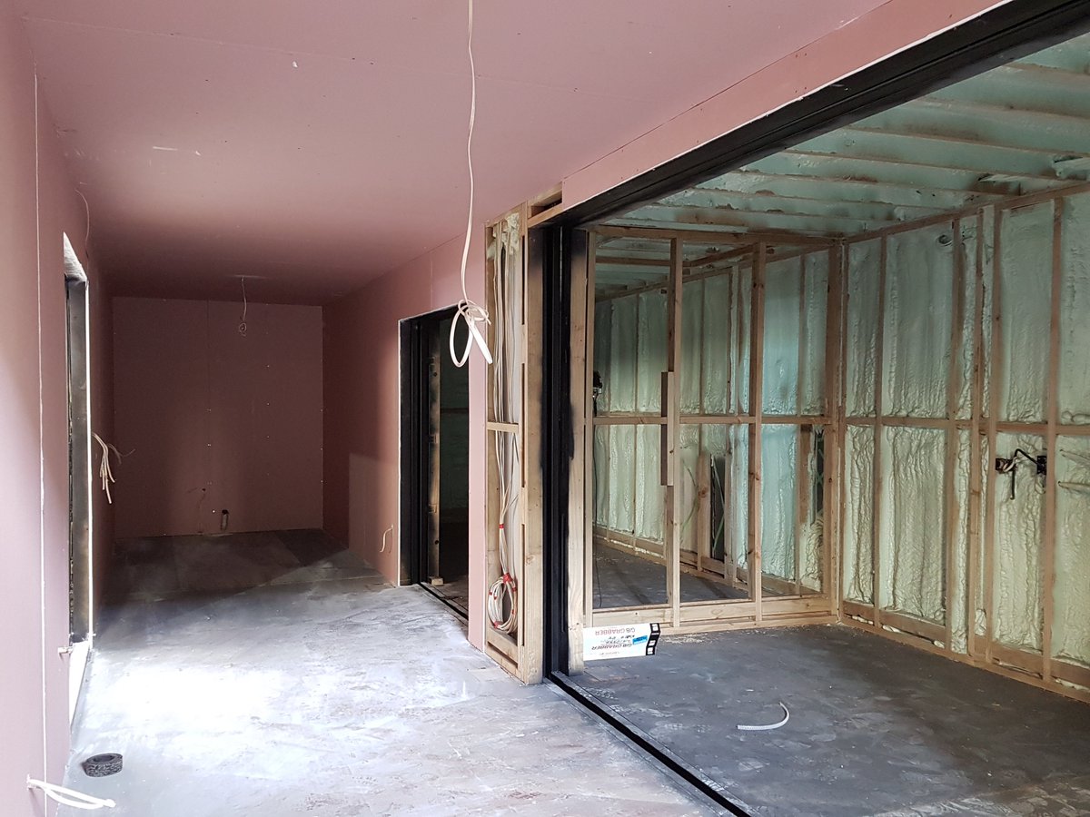 ElementalDistil's tweet photo. DISTILLERY UPDATE
If Batman owned a craft distillery, it would look nothing like this. But he would appreciate the undercoat.
Pre wiring almost finished, gib going in, base coat on, first floor lined. ETA into Marlborough, 2 weeks.
#ContainerDistillery #ElementalDistillers https://t.co/gLl6CMDAme