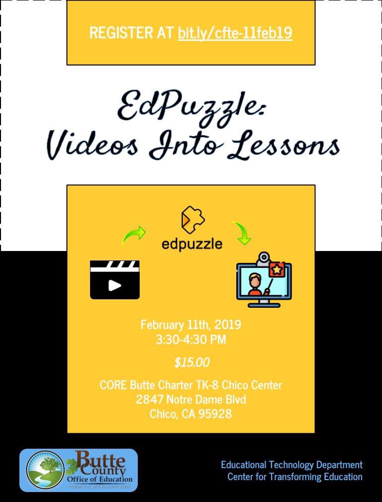 edtechbcoe's tweet photo. Happening MONDAY! Looking for a way to reinforce accountability, engage students easily, and save time? Come check out "@EdPuzzle: Videos into Lessons" on February 11th at CORE Butte Charter in Chico! $15 registration at https://t.co/DypfksblKH! 🧩 @COREButteLynx #ButteCOE https://t.co/vfGuYDgPpe