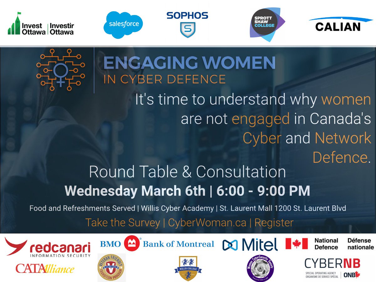 Be part of upcoming  final round table discussion <a href="/WomanCyberDef/">Engaging</a> and find out why women are not engaging in cyber defence.  Register now, spaces are limited. bit.ly/EngagingWomenI… 
<a href="/Invest_Ottawa/">Invest Ottawa</a> @CalianGroup <a href="/VFTP_ca/">VFTP</a> <a href="/WillisCollege/">Willis College</a> <a href="/CanadaDefence/">Canada Defence</a>