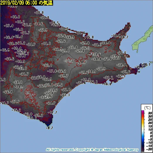 ついに北海道が氷点下30度を突破ｗｗｗ日本地図の色が闇落ちとしか言えないｗｗｗ