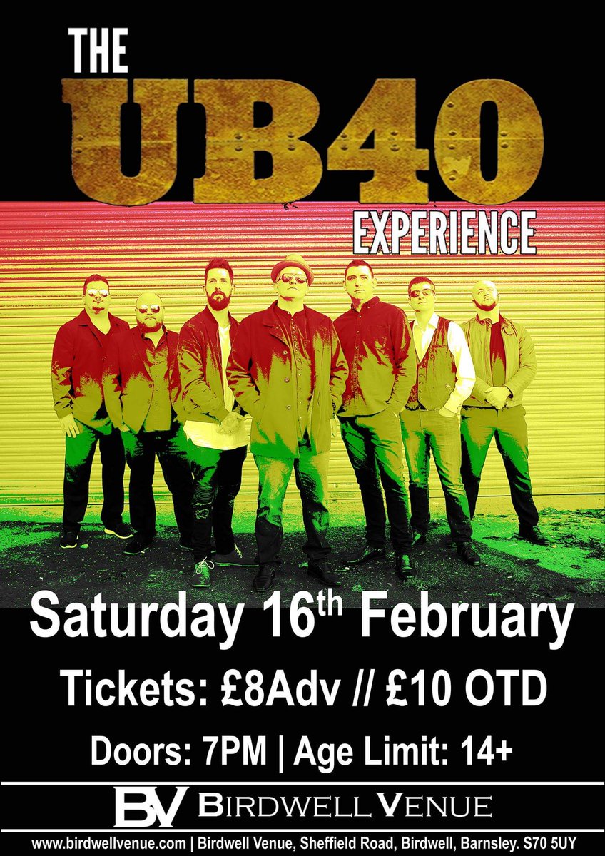 The UB40 Experience // 16/02/19 // £8Adv

Tickets available from Birdwell Venue direct or via SeeTickets: seetickets.com/event/ub40-exp…

#barnsley #tribute #ub40 #birdwell #birdwellvenue