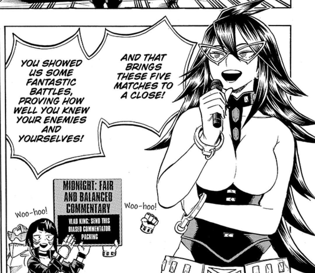 LJ_Hollywood's tweet photo. The real MVP of the Joint Training arc has been Vlad King cheering on his kids/1-A’s determined protest against biased commentating (I bet Momo helped create the placards).
#MyHeroAcademia #Chapter216 https://t.co/Sfi3FroaUK