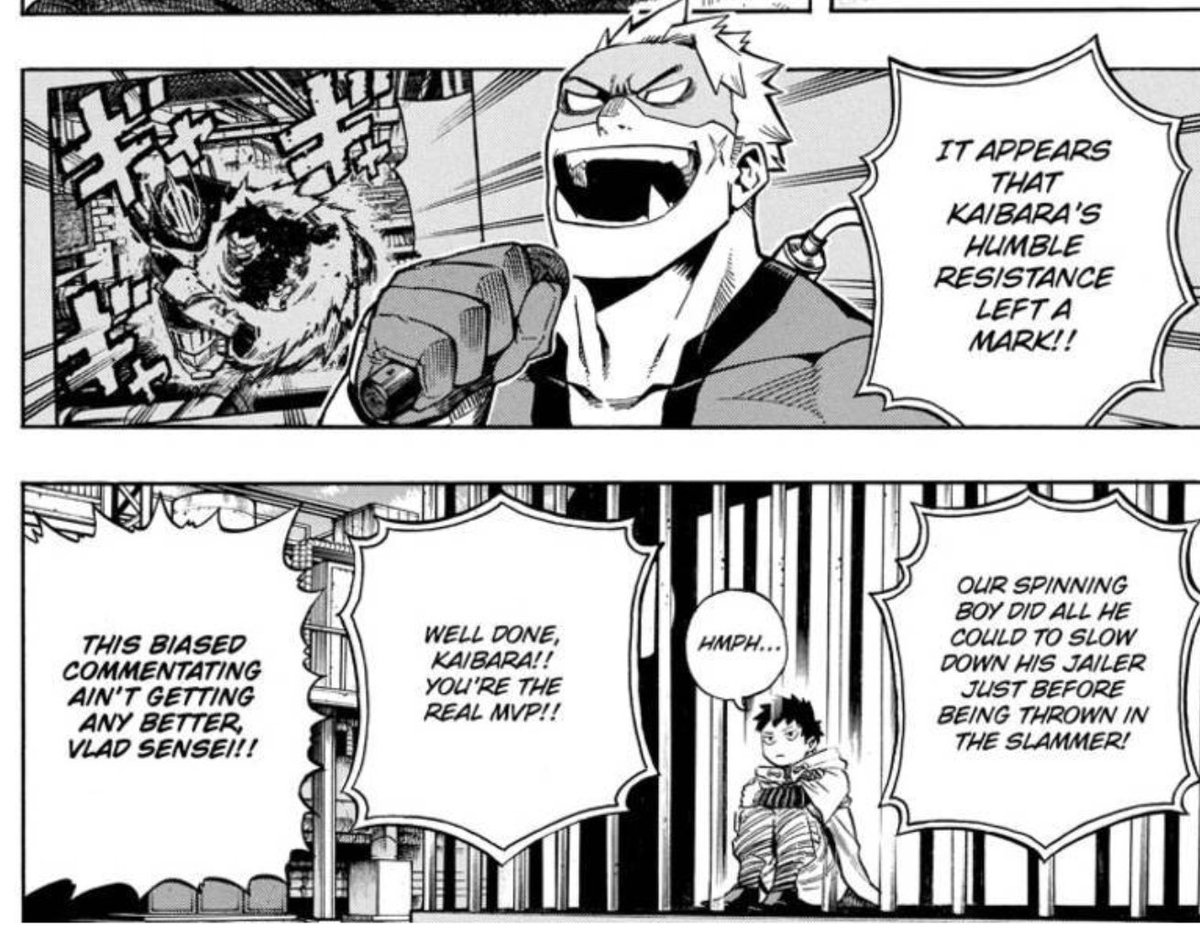 LJ_Hollywood's tweet photo. The real MVP of the Joint Training arc has been Vlad King cheering on his kids/1-A’s determined protest against biased commentating (I bet Momo helped create the placards).
#MyHeroAcademia #Chapter216 https://t.co/Sfi3FroaUK