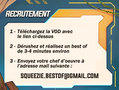 xSqueeZie's tweet image. ☀️ ANNONCE ☀️

On cherche un second monteur pour la chaîne live, poste à plein temps (rémunéré évidemment)

Si vous êtes intéressé :

- DL la VOD : we.tl/t-GfR0cpQVm7
- Faites un court best of de 3-4min
- Envoyez le résultat à squeezie.bestof@gmail.com

Bonne soirée 🌜