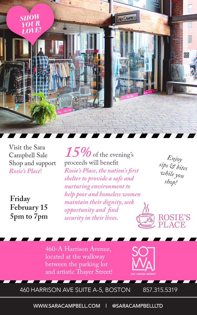 RosiesPlace's tweet photo. We’re lucky to have friends like @saracampbellLTD! Shop the @SoWa_Boston Sara Campbell Sale Shop next week to help us support poor and homeless women! https://t.co/KgkSPUMV24