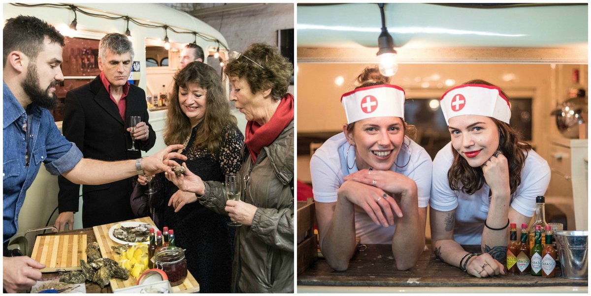 Oh Shucks: Doctor of Oyster is shucking and two nurses are serving the champagne, Bloody Marys and oysters from a a retro 1951Daimler ambulance #Eventmanagement #Oystershucker #partyoysters #evententertainment #partyentertainment