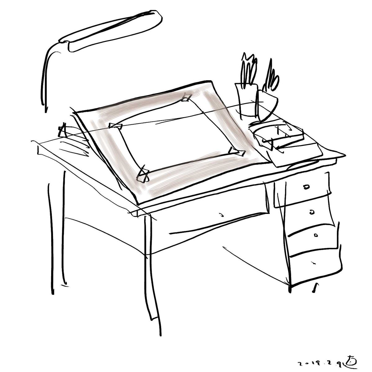 多くの先輩イラストレーターの、絵を描く机は、木でできた普通の勉強机みたいな(引き出しがついている)の上に大きな板を斜めに置いてるのね。それが椅子を使う高さの机だったり、畳の上に座って描くタイプだったり、小松崎茂さんのように、こたつの上だったりした。 