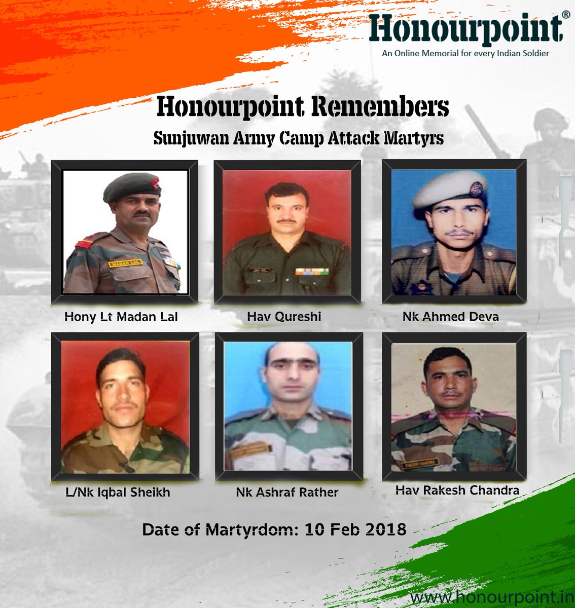 honourpoint's tweet photo. https://t.co/vMqnhPOvz9 remembers Hony Lt Madan Lal Choudhary, Sub Mohd Ashraf Mir, Hav Habibullah Qureshi, Hav Rakesh Chandra, Naik Manzoor Ahmed Deva &amp; Lance Naik Mohd Iqbal Sheikh, martyred on 10 Feb 2018 in #SunjuwanAttack in Jammu. @adgpi @rwac48 @htTweets @SpokespersonMoD https://t.co/0Rgo8Jeixs