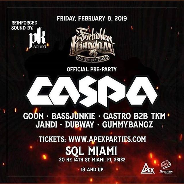 flmusicfests's tweet photo. The official @forbiddenkingdomfest preparty is TONIGHT with the one and only @caspaofficial 🔥😎 Don't miss it! https://t.co/EueKh3VnS0 https://t.co/a3W0ilDW19