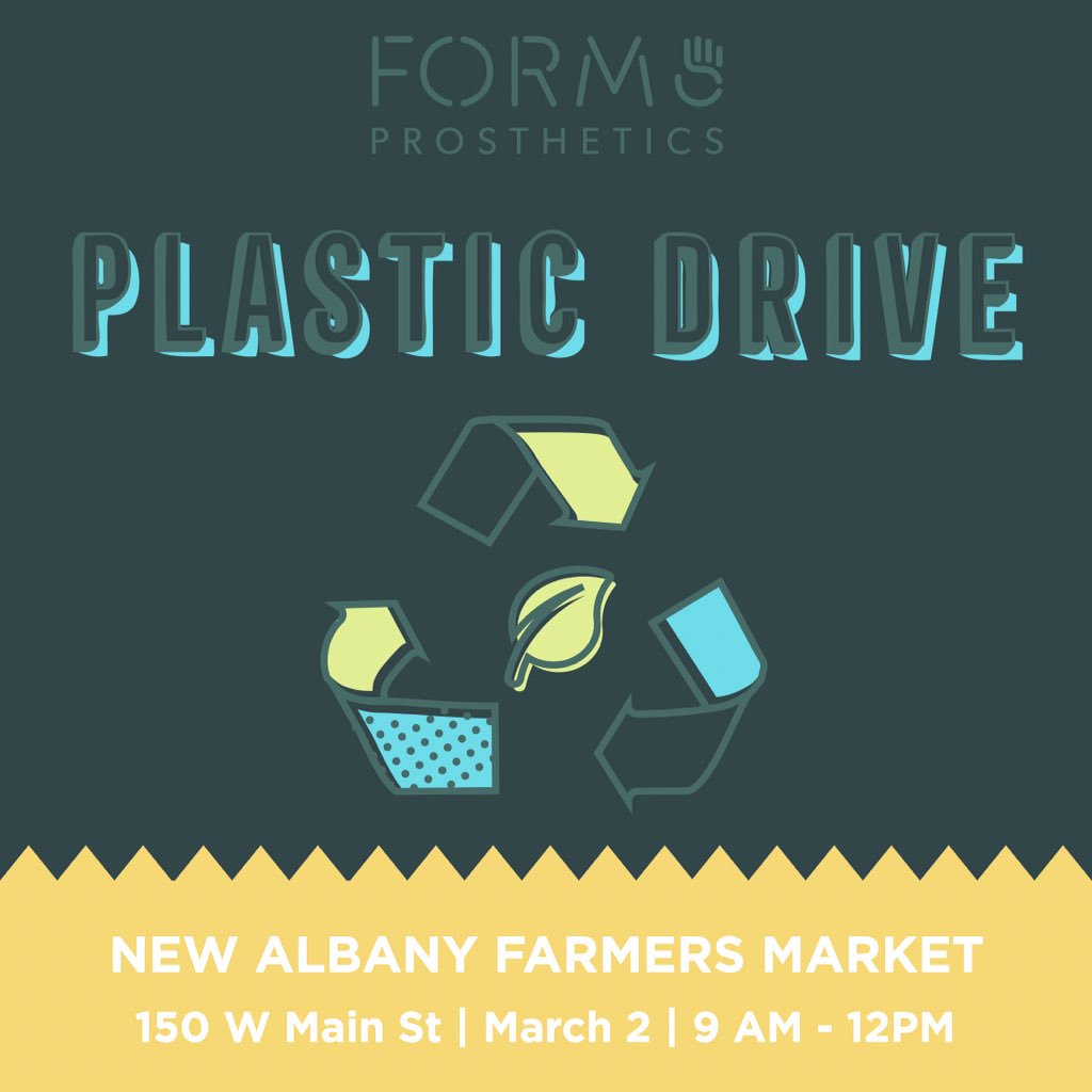 form5prosthetic's tweet photo. Form5 Prosthetics will be holding a plastic drive March 2nd, 2019 at the New Albany (Indoor) Farmers Market from 9:00 am to 12:00 pm. Get your plastic code #5 collection going♻️!! #Form5Prosthetics #PlasticDrive #ZeroWaste #GreenBusiness #Recycle #Form5Filament♻️ #3DPrinting https://t.co/8y4jUGIZwr