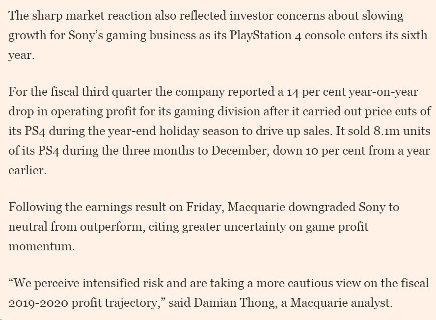 RubyJericho's tweet image. ft.com/content/1b7f6e…

"Sony shares drop 9% following cut to sales outlook: Japanese group revises down forecasts for smartphone and camera sales"

I think this article buries the lead, because @Sony 's cash cow @Playstation division isn't doing to well, either.

$SNE #PS4