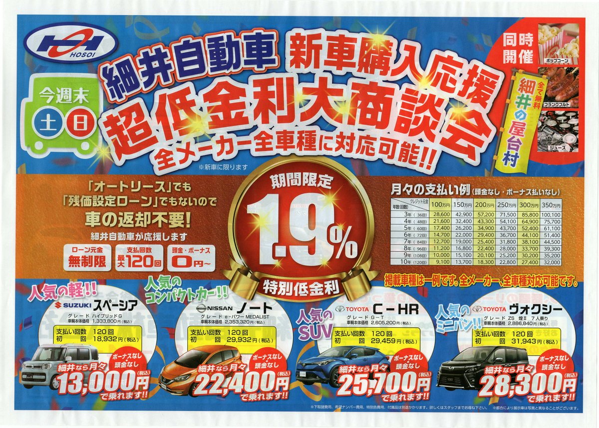 細井自動車株式会社公式 超低金利大商談会 なんと 実質年率1 9 オートリース でも 残価設定ローン でもないので 数年後の車の返却が不要全メーカー 対応可能 0480 34 5678 T Co N3hpjt5vje 超低金利 特別金利 細井自動車 新車