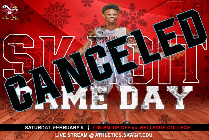 Tomorrows SVC Basketball game vs. BCC has been canceled due to Winter Weather.    <a href="/nwacsports/">NWAC</a>  #skagitvalleycollege <a href="/SVCCollege/">SkagitValleyCollege</a>