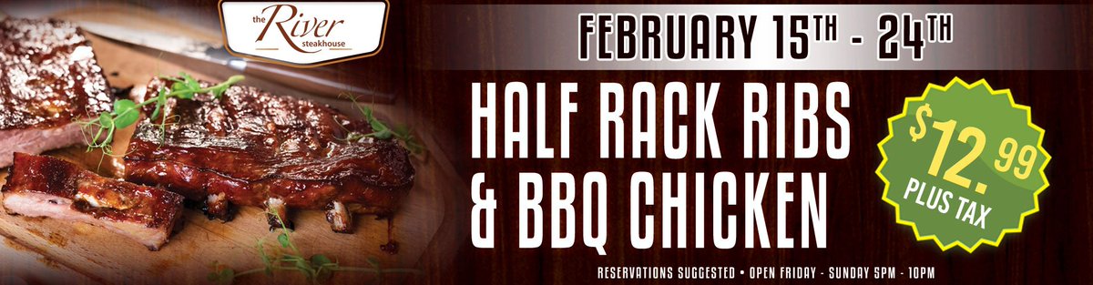 Who wants some #BBQRibs? Feast on a messy half rack of ribs at our #RiverSteakhouse this month with a side of chicken for just $12.99. The Steakhouse is open Friday - Sunday from 5pm - 10pm.