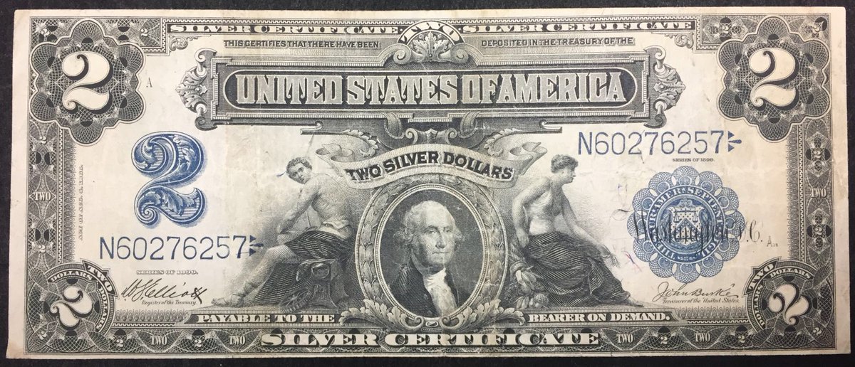 1899 $2 Silver Certificate. One of the very few instances you would see President Washington on a Two. He is residing through what looks like a porthole on a ship, these are commonly referred to as ‘Mini-Portholes’. Surprisingly, not may people collect these. #SilverCertificate