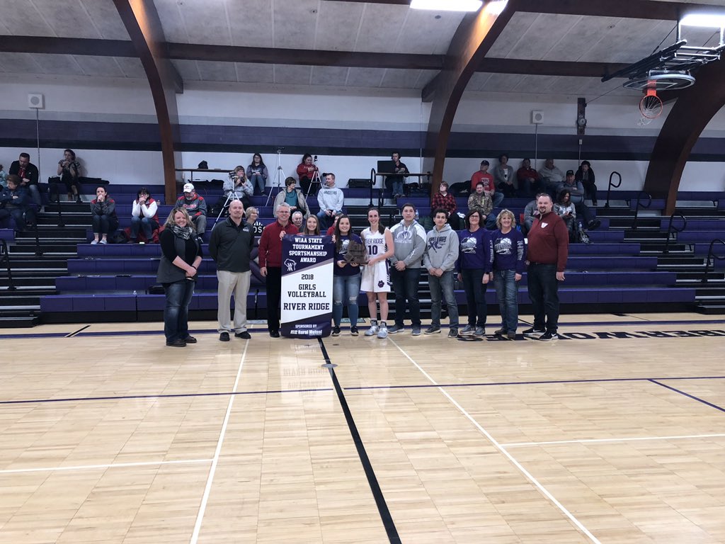 wiaawi's tweet photo. Great winter fun presenting the 2018 girls volleyball sportsmanship award to River Ridge @WolvesRidge  at halftime of the girls basketball game Friday with @RuralMutual reps. Deneen Doll and Toby Spillane. #sportsmanshipmatters https://t.co/79Ioabhzdc
