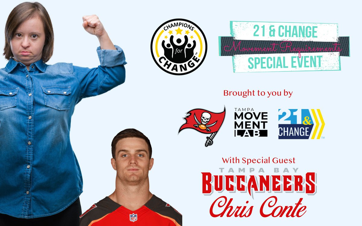 21_and_change's tweet photo. Join Tampa Bay Buccaneers Chris Conte for 21 and Change's Champions for Change event to be held on March 2nd, 2019. Our fun-filled event will partner up 8-year-old and older different-abled athletes to showcase their abilities and promote diversity and inclusion in our community. https://t.co/F4OH7FvZKQ