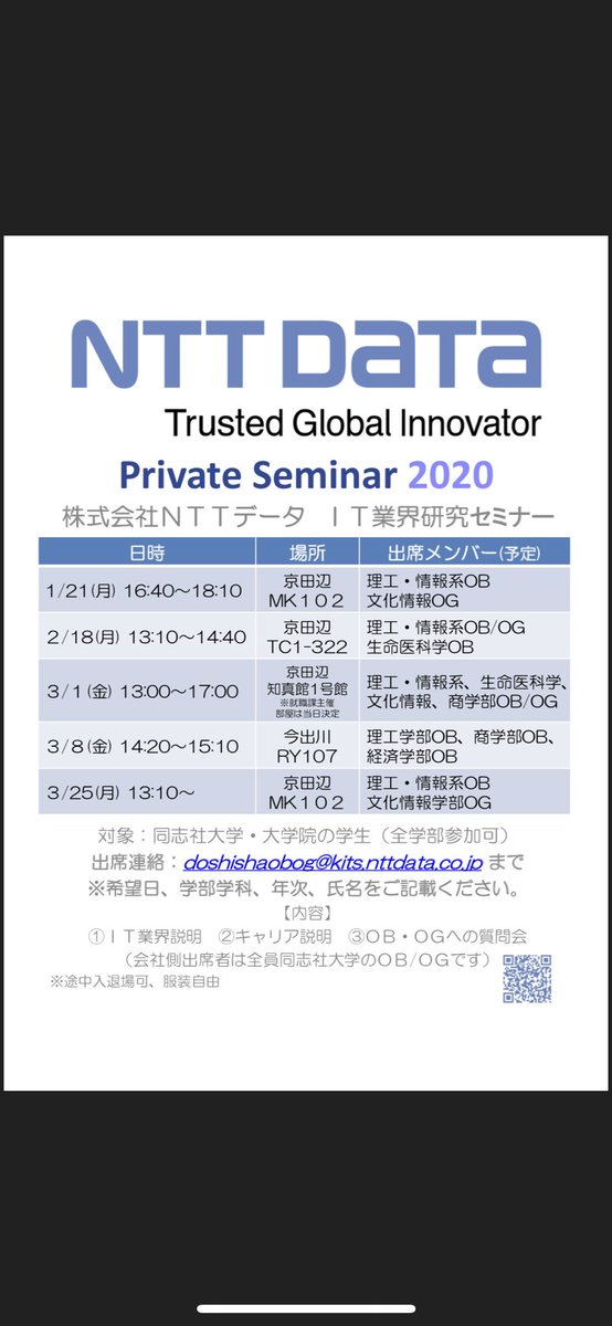 同志社大学生に向けたNTTデータの社員座談会があります。是非参加してみてください。推薦を考えている人は参加した方がいいと思います。