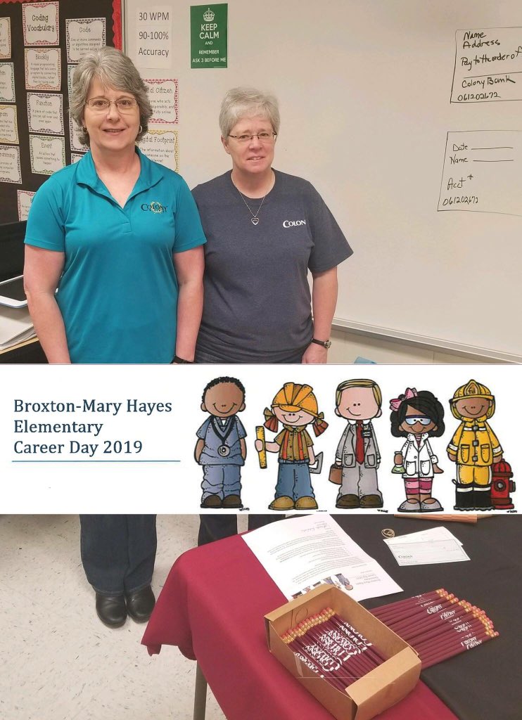 colony_bank's tweet photo. Shelia Butler and Lisa Bryan from the Broxton branch went out to Broxton-Mary Hayes Elementary school for career day today! They told the kids all about the importance of saving money and how banking with Colony Bank can benefit them in their future. #EducatingOurChildren https://t.co/XhFfNYzn0G