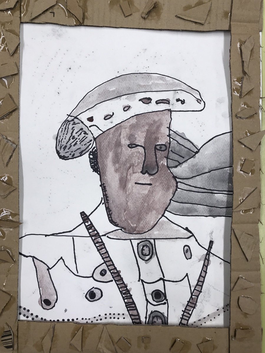 DonheadArt's tweet photo. LP2 made frames from recycled boxes for โpouncedโ portraits of Henry VIII, applying challenging measuring and pattern making skills at their own level. @DonheadMaths @NPGSchools @DonheadHistory #curiousandactive #faithfilled approach #intentional with materials @JesuitSchoolsUK https://t.co/oXX0AR95ev